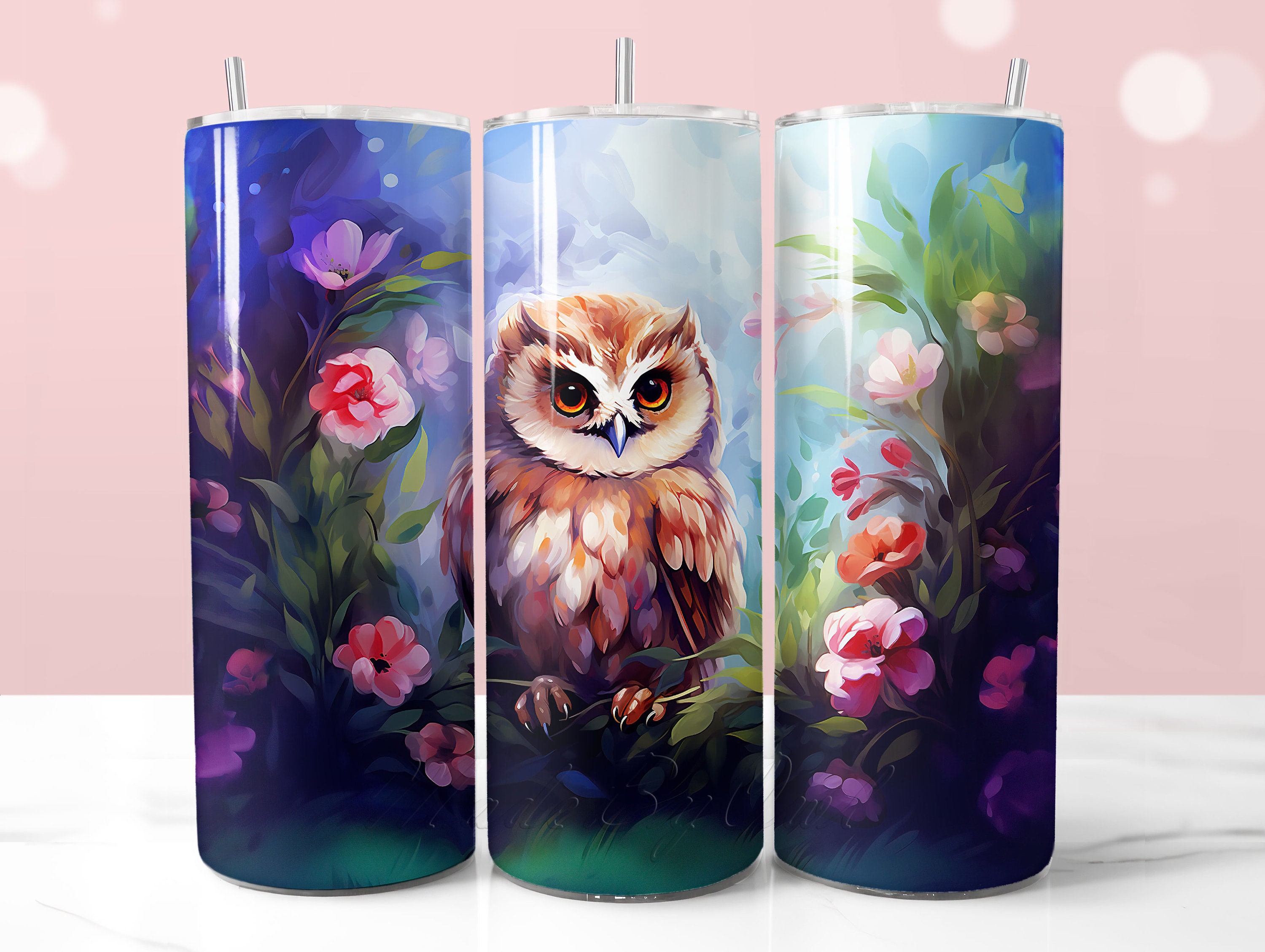 Owl and Flowers Tumbler Wrap, Owl Sublimation PNG for 20 Oz Seamless Tumbler, Most Popular Tumbler W