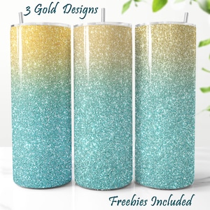 3 Teal Gold Glitter Tumbler Wraps, Turquoise Gold PNG Designs, 20 Oz Tumbler Wraps, Ombre Gold Turquoise Background, Teal Sublimation
