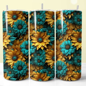 3D Sunflowers Sublimation Tumbler Wrap, Yellow and Teal Sunflowers Seamless PNG Pattern, 20 Oz Wrap Trendy Floral Tumbler Wrap Design