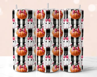 May include: Three Halloween-themed tumblers with a repeating pattern of orange pumpkins with pink bows and white ghost characters on a black and white checkered background. Each tumbler has a silver straw.