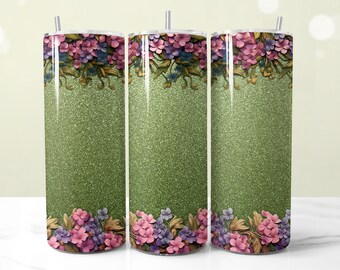 Sage Green Floral Border Tumbler Wrap, Glitter 20oz Tumbler Sublimation Design PNG (Digital Download)