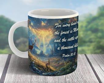 Christian Coffee Mug Wrap PNG, Deer Forest Mug Sublimation Design (Digital Download)
