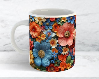 3D Floral Mug Wrap Design, Flowers 3D Sublimation Coffee Mug PNG, 11oz and 15oz Cottagecore Mug Wrap,  Instant Digital Download PNG