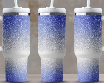 Envoltura para vaso térmico azul plateado degradado con purpurina, 40 oz, diseño de sublimación para bebidas energéticas, descarga digital PNG.