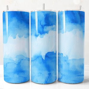 Blue Watercolor Border Tumbler Wrap, Sky Blue Background Tumbler Wrap PNG Sublimation Design, Seamless Ombre 20oz Sky Blue Tumbler Wrap