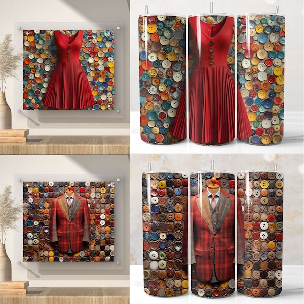 2 Tumbler Wraps for Couple, Red Dress PNG, Elegant Blazer PNG, Button Art, Woman’s and Men’s Sublimation Designs for 20oz Skinny Tumblers