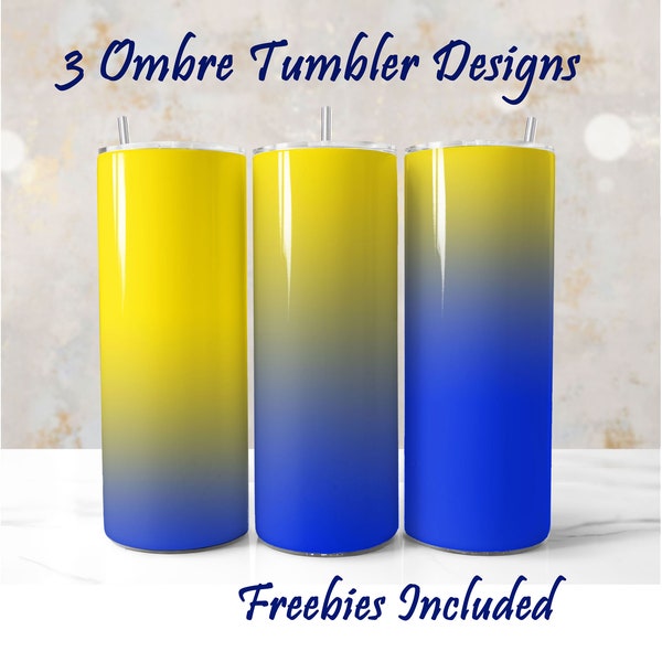 3 Yellow to Blue Ombre Tumbler Wraps, Royal Blue and Yellow Tumbler Wrap PNG Sublimation Design, 20 oz Skinny Yellow Cobalt Blue Background