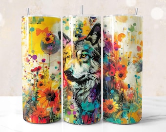 Pode incluir: Três copos de aço inoxidável com designs abstratos coloridos que apresentam um lobo, flores e respingos de tinta. Os copos são perfeitos para conter bebidas quentes ou frias.