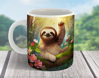 Sloth Mug Wrap, Smiling Sloth and Flowers Sublimation Design, Coffee Cup PNG (Digital Download)