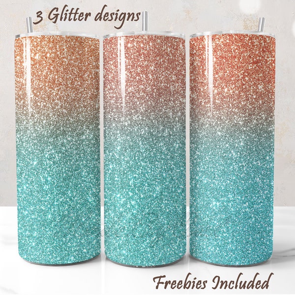 3 Rose Gold and Teal Glitter Tumbler Wraps, Teal Sublimation PNG for 20oz Wrap Trendy Designs, Sparkly Turquoise Ombre Tumbler Background