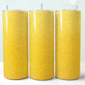 May include: Three tall, cylindrical tumblers with a vibrant yellow glitter design. Each tumbler has a silver-colored straw and a matching lid. The glitter effect creates a sparkling, eye-catching appearance, perfect for cold beverages.
