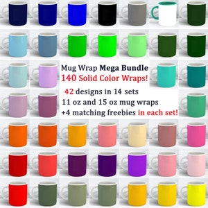 Méga lot d'emballages pour tasses, 140 fichiers PNG, 70 couleurs unies, lot de 11 oz et 15 oz d'emballages pour sublimation, modèle de tasse à café, emballages de tasse
