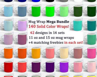 Pacote de adesivos para canecas em cores sólidas, 140 PNGs para canecas de 325ml e 445ml, designs para sublimação (download digital)