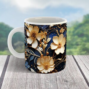 Blue and Gold 3D Floral Mug Wrap, 3D Flowers 11 oz and 15 oz Mug Wrap PNG for Sublimation, Coffee Mug Wrap Design with Gold and Blue Flowers