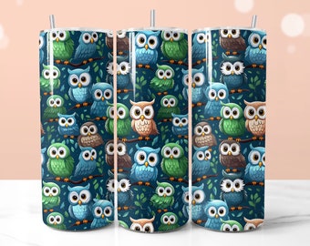 Niedliches Tumbler Wrap mit Eulenmuster, Eulen Sublimation PNG 20oz Tumbler, lustiges Kinder Tumbler Design, druckbare Eule Art nahtlose Muster PNG