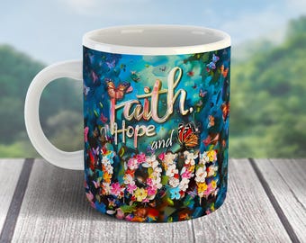 Emballage de tasse à café Faith Hope Love 11 et 15 oz, sublimation de versets bibliques chrétiens