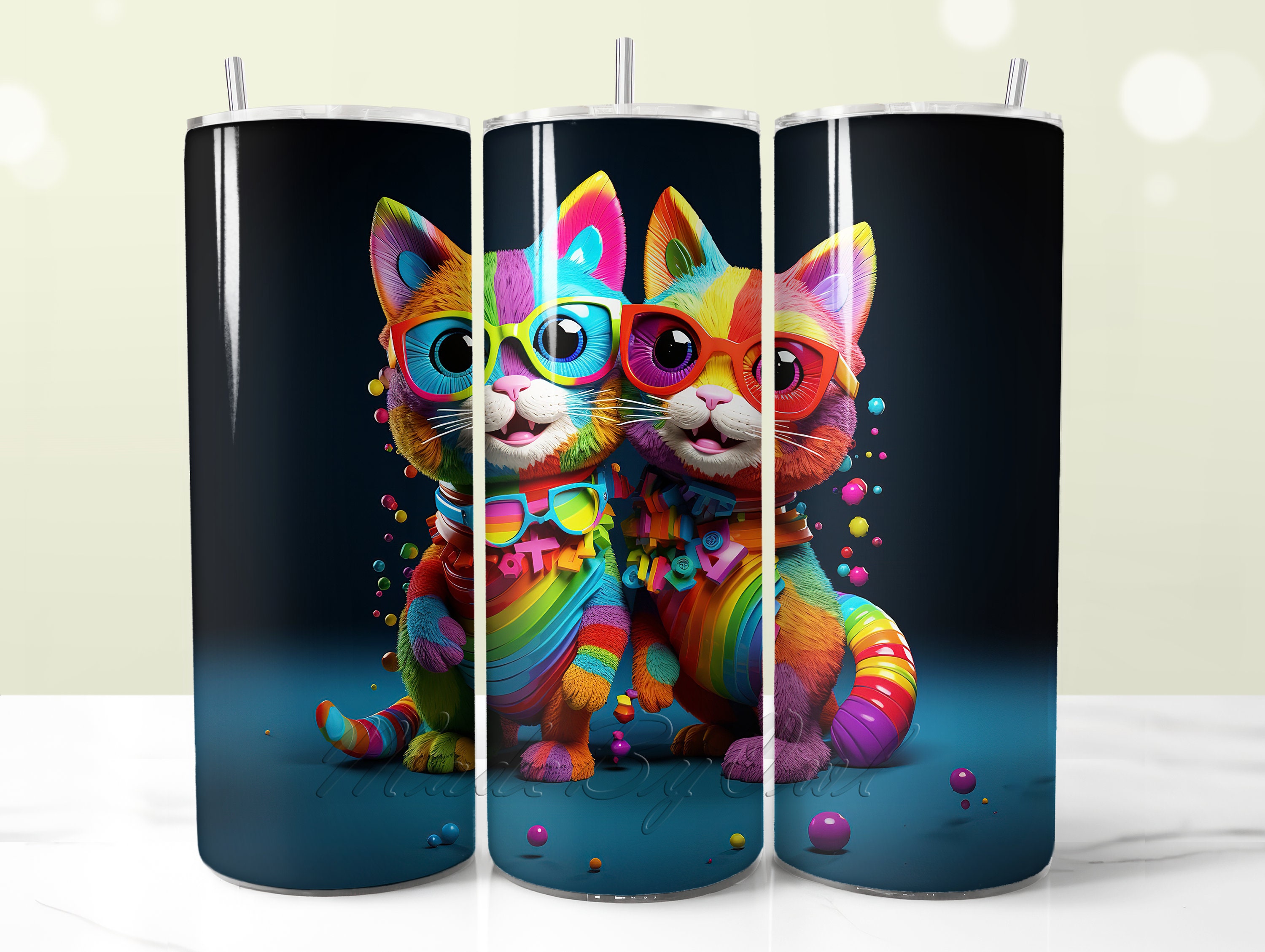Niedliches Katzenpaar Tumbler Wrap PNG, Regenbogen Katzen Sublimationsdesign für 20 Unzen Skinny Tumbler, Kinder Tumbler Wrap, Tumbler PNG digitaler Download