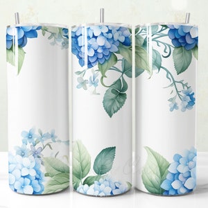 Envoltura para vaso con diseño de hortensias, borde floral en acuarela, vaso delgado de 20 oz (descarga digital PNG)