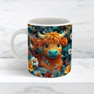 3D Highland Cow Mug Wrap PNG, Cow Sublimation Design for 11 oz and 15 oz Coffee Mugs, Heifer Cow Mug Sublimation Wrap, Digital Download