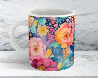 Watercolor Floral Mug Wrap, Boho Flower Sublimation Design (Digital Download 11oz & 15oz)