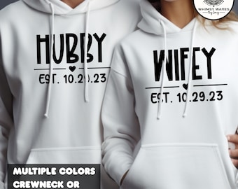 Matching Couple Hoodies with Custom Date – Wifey & Hubby Wedding Gift, Honeymoon Sweatshirts