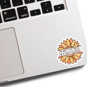 May include: A sticker with a sunflower design and the text "I'm not a hot mess: I'm a spicy disaster."