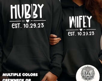 Personalized Wifey & Hubby Hoodies with Wedding Date – Custom Wedding Gift, Matching Couple Sweatshirts