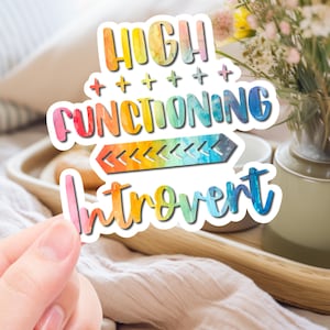 May include: A colorful sticker with the text "HIGH FUNCTIONING INTROVERT" in rainbow colors with a watercolor effect. The text is surrounded by a white border.