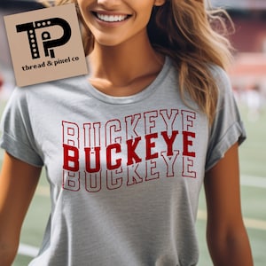 May include: Gray t-shirt with a red "BUCKEYE" graphic printed on the front. The graphic is repeated three times, with each repetition slightly offset from the one above it.