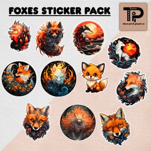 Foxes & Kitsunes Sticker Pack | Journal Stickers, Scrapbook Stickers, Planner Stickers, Animal Stickers, Nine tailed fox, fox stickers