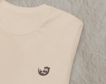 Geborduurd otter-T-shirt, natuur-, meer- en moerasliefhebber, schattig dieren-T-shirt, cadeau voor otterliefhebbers