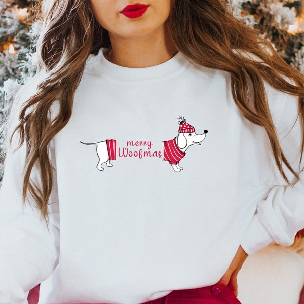 Pull Merry woofmas, sweatshirt de Noël fan de chien, cadeau pull de Noël papa d'un chien, sweater maman teckel, sweater merry and bright