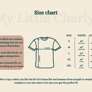 May include: Size chart for unisex shirts with measurements in inches and centimeters. The chart shows the width and length of the shirts in sizes S, M, L, XL, and 2XL. The text "My Little Charly" is at the top of the chart.