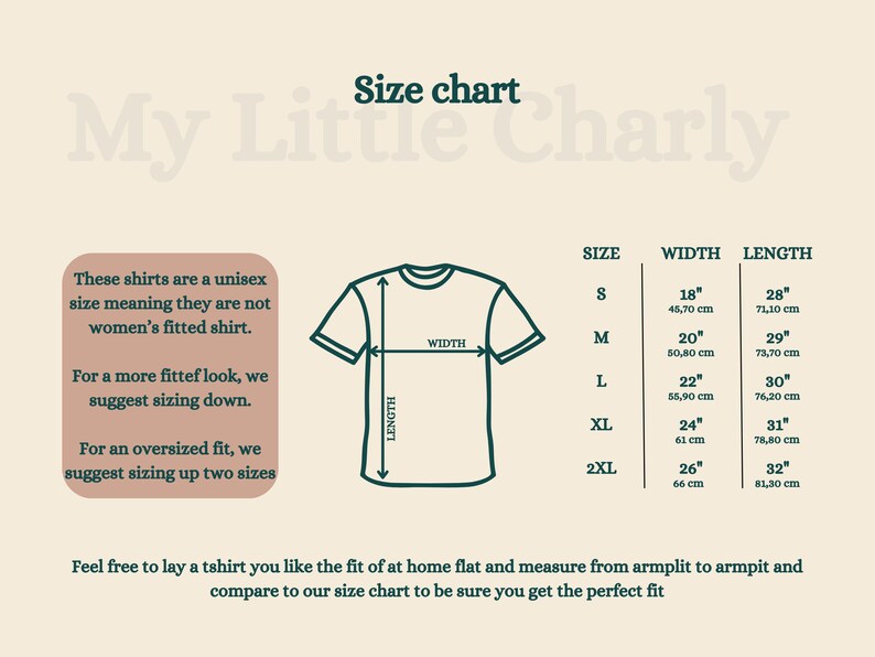 May include: Size chart for unisex shirts with measurements in inches and centimeters. The chart shows the width and length of the shirts in sizes S, M, L, XL, and 2XL. The text "My Little Charly" is at the top of the chart.