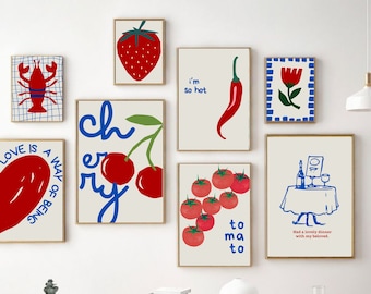 Gallery Wall Set of 8, Love, Heart, Lobster, Vine, Tomato, Flower Cherry Bow Print, Trendy, Retro  Wall Art,Vintage Poster, DIGITAL DOWNLOAD