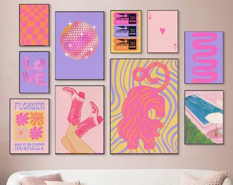 Gallery Wall Set of 10, Pink Purple Yellow  Eclectic Decor, Maximalist Colorful Art, Disco Cowboy, Trendy Retro Wall Art, DIGITAL DOWNLOAD