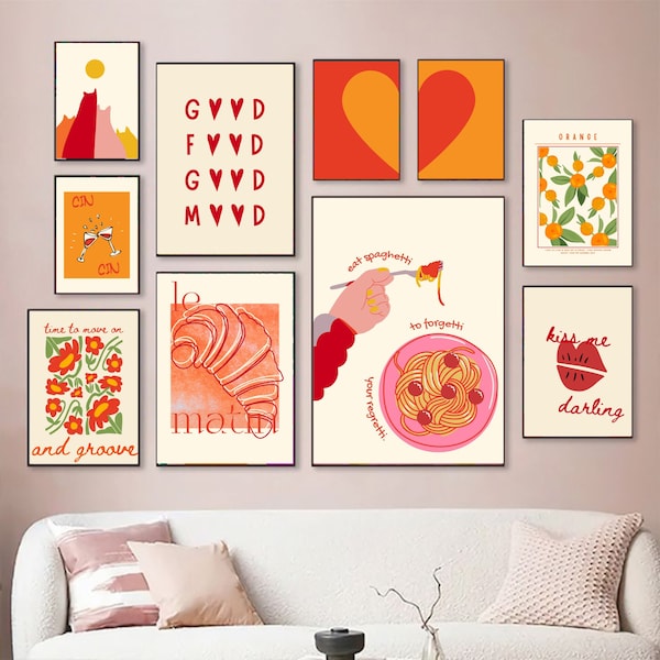 Gallery Wall Set of 15, Red Orange Yellow, Eclectic Decor, Maximalist Colorful Art, Girls Room, Trendy Retro Wall Art, DIGITAL DOWNLOAD Cute