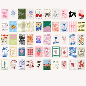 May include: A collection of colorful art prints with various illustrations and text. Designs include flowers, food, drinks, and phrases like "Babe, You Got This!!" and "Make Love Not War." The prints are in a variety of sizes and styles.