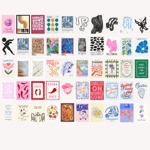 May include: A collection of colorful art prints with various designs, including abstract shapes, text, and illustrations. The prints feature a range of colors, from vibrant pinks and blues to earthy tones. Some prints have text like "1970" and "Spicy."