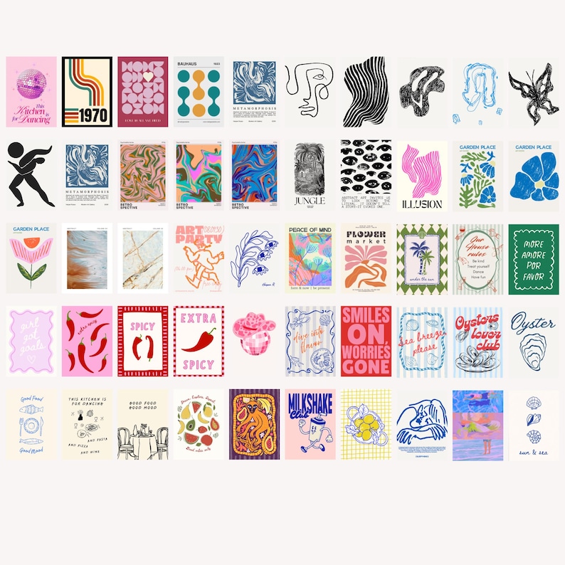 May include: A collection of colorful art prints with various designs, including abstract shapes, text, and illustrations. The prints feature a range of colors, from vibrant pinks and blues to earthy tones. Some prints have text like "1970" and "Spicy."