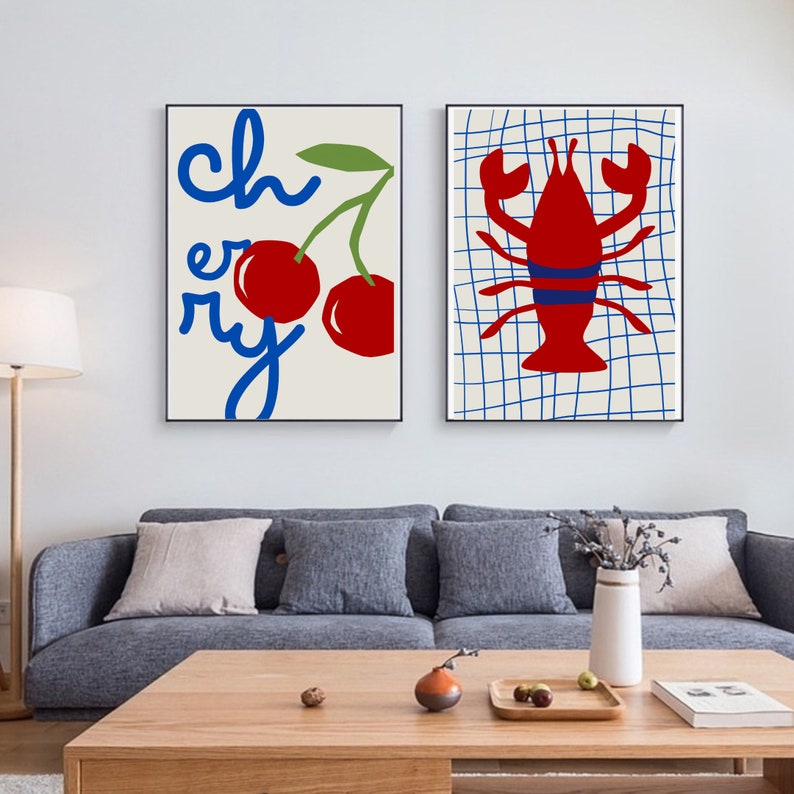 Gallery Wall Set of 8, Love, Heart, Lobster, Vine, Tomato, Flower Cherry Bow Print, Trendy, Retro Wall Art,Vintage Poster, DIGITAL DOWNLOAD image 4