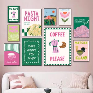 May include: A collection of framed art prints with a cafe, pasta, and coffee theme. The prints feature colorful illustrations and text, including "Pasta Night," "Coffee Please," and "Matcha Club."