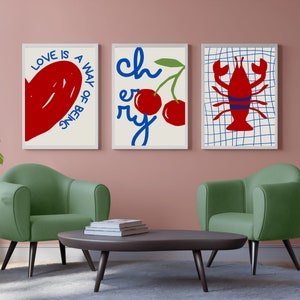 Gallery Wall Set of 8, Love, Heart, Lobster, Vine, Tomato, Flower Cherry Bow Print, Trendy, Retro Wall Art,Vintage Poster, DIGITAL DOWNLOAD image 5