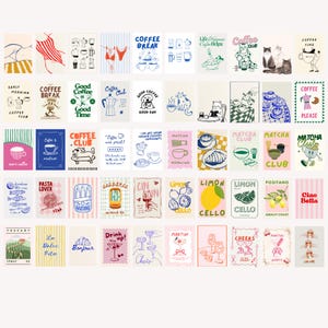 May include: A collection of colorful, illustrated cards with themes of coffee, food, and drinks. Designs include coffee cups, cats, lemons, and cocktails. Text includes "Coffee Club," "Matcha," and "Ciao Bella."