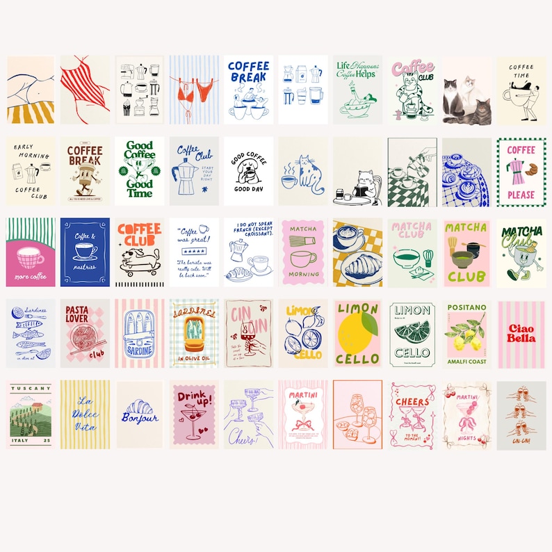 May include: A collection of colorful, illustrated cards with themes of coffee, food, and drinks. Designs include coffee cups, cats, lemons, and cocktails. Text includes "Coffee Club," "Matcha," and "Ciao Bella."