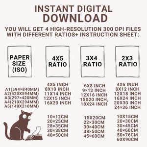 May include: Digital download image with size options. Includes paper sizes (ISO) and ratios: 4x5, 3x4, and 2x3, with corresponding inch and centimeter measurements. A brown cat illustration is in the lower left corner.