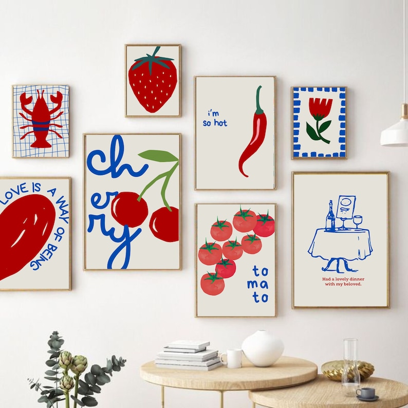 Gallery Wall Set of 8, Love, Heart, Lobster, Vine, Tomato, Flower Cherry Bow Print, Trendy, Retro Wall Art,Vintage Poster, DIGITAL DOWNLOAD image 1