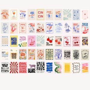 May include: A collection of colorful, vintage-style art prints. The prints feature various themes, including cocktails, pasta, and inspirational quotes. The designs incorporate illustrations, typography, and a retro aesthetic, with a mix of colors and styles.