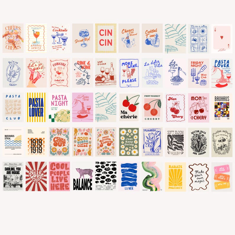 May include: A collection of colorful, vintage-style art prints. The prints feature various themes, including cocktails, pasta, and inspirational quotes. The designs incorporate illustrations, typography, and a retro aesthetic, with a mix of colors and styles.
