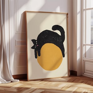 Desenho abstrato de gato preto, arte de parede para impressão, minimalista, download digital instantâneo, pôster para quarto de bebê, esboço de animal, moderno, arte da moda